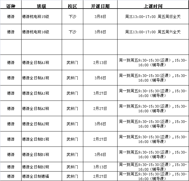 德語全日制班級(jí)3月份課程表
