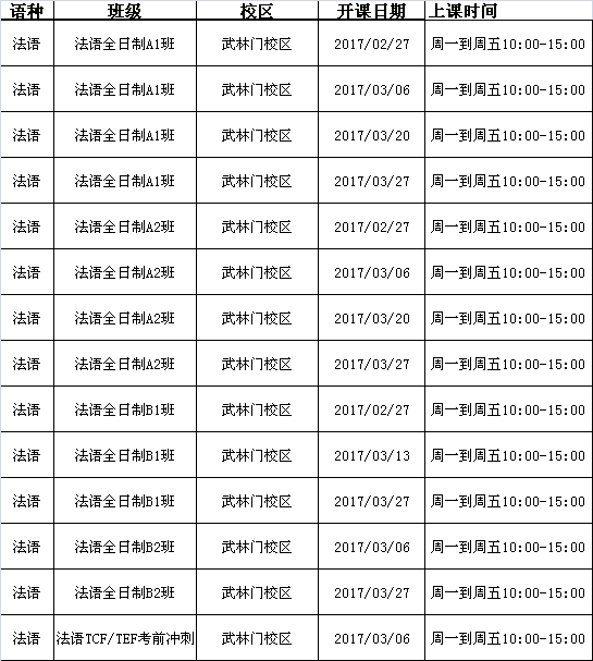 3月份法語春季班課程表