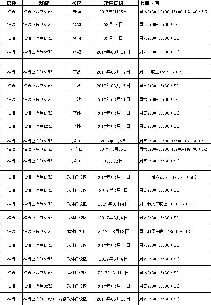 3月份法語春季班課程表