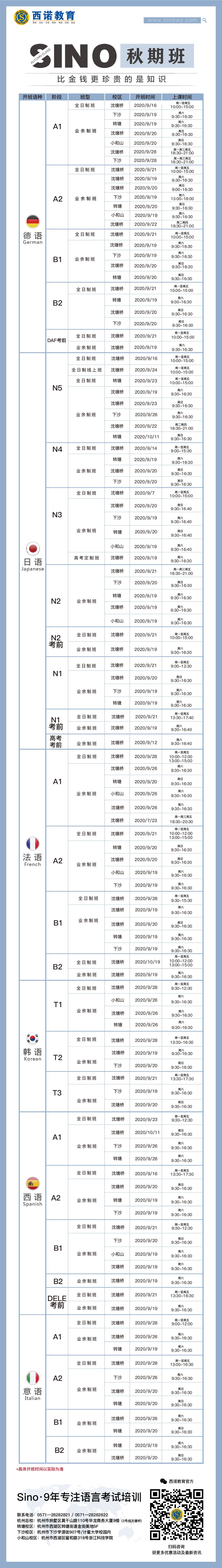 2020年西諾秋期班排課表
